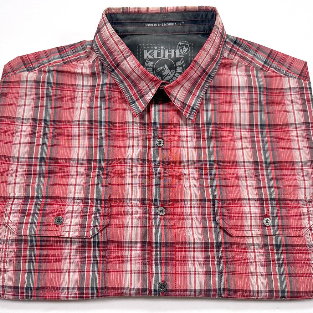Kuhl Eluxor Shirt Men’s XXL Red Plaid Metal Button Outdoor Hiking Short Sleeve